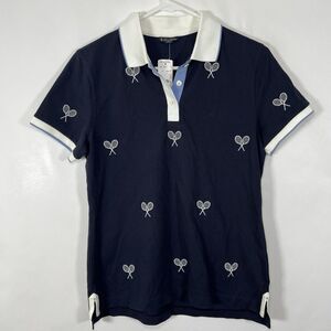 Brooks Brothers Polo Shirt Womens Size Medium Navy Embroidered Tennis Racket AOP